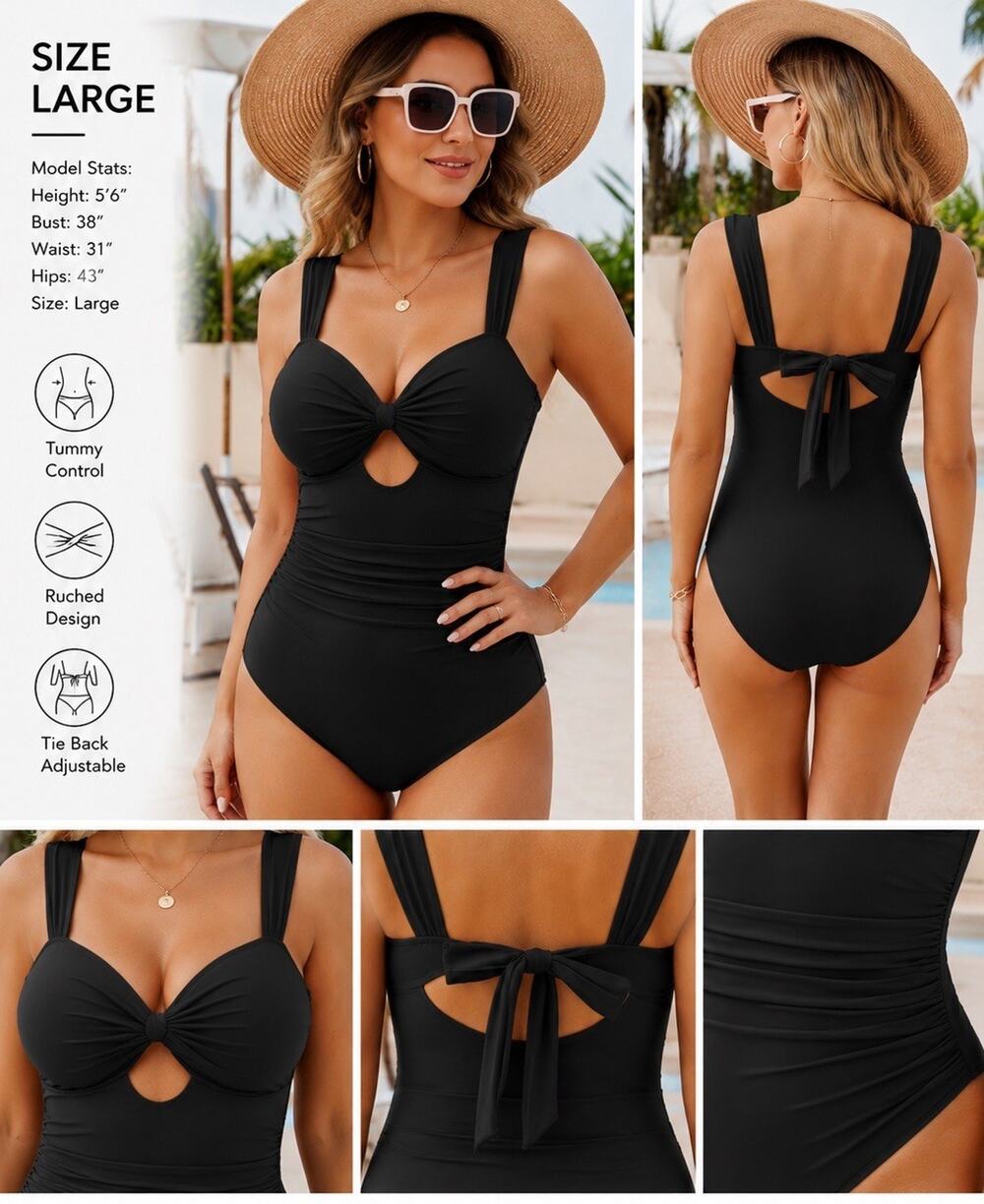 CICIBIRD Women’s Black One Piece Swimsuit Ruched Tummy Control Tie Back L Large